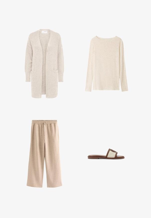 Long gilet beige ouvert sur l'avant, manches longues et deux poches avant, en maille douce texturée.; Top en maille beige clair à manches longues avec encolure bateau et texture chinée subtile.; Pantalon beige à jambes larges avec taille élastique et cordon, en tissu doux et moucheté.; Sandale à glisser en cuir marron avec une tige tissée beige, semelle plate et bout arrondi. Le design inclut un accent logo sur la sangle.