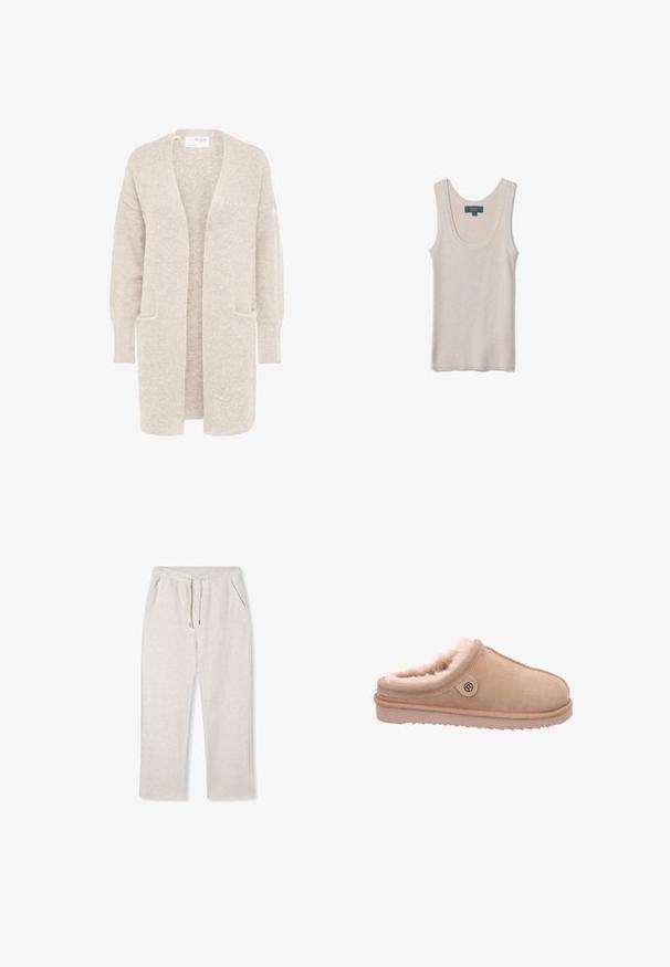 Long gilet beige ouvert sur l'avant, manches longues et deux poches avant, en maille douce texturée.; Débardeur beige en maille côtelée sans manches avec une encolure dégagée, présenté à plat avec une étiquette de la marque OVS à l'intérieur du col arrière.; Pantalons de jogging gris clair en tissu doux avec une taille élastique, cordon de serrage et poches latérales, arborant un design simple.; Rohde ROHDE SOAZZA PANTOFFELN - Chaussons - natur