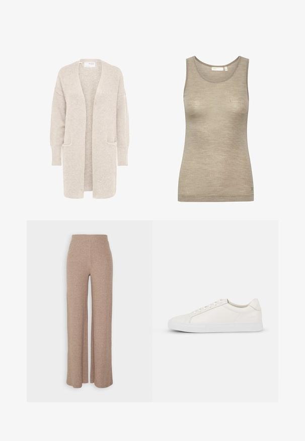 Lang beige åben cardigan med lange ærmer og to forlommer, blødt tekstureret strikstof.; Beige ærmeløs tanktop lavet af blød, tekstureret stof, med en rund halsudskæring og et let figursyet design med minimale syningdetaljer.; Beige ribbede vide bukser med høj talje og blød tekstur, der har en løs pasform og ingen synlige lukninger.; Hvide lædersneakers med en glat tekstur, rund tå, snørebånd foran og flad gummisål. Enkelt design uden mønstre eller accenter.