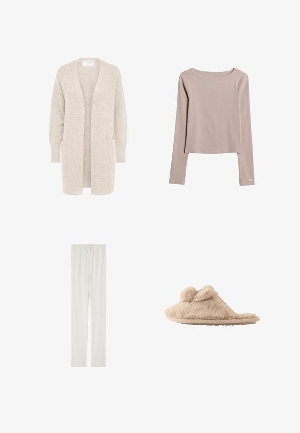 Cardigan largo beige con abertura frontal, mangas largas y dos bolsillos delanteros, tejido de punto suave y texturizado.; Camisa de manga larga beige claro, hecha de una tela suave y elástica. Presenta un escote amplio y un dobladillo ligeramente corto. Detalles de costura sutiles.; American Vintage JOGGING - Pantalones deportivos - gris chine; Zapatilla beige y peluda que se pone deslizando, con dos pompones en la parte superior y suela plana, diseñada para uso en interiores.