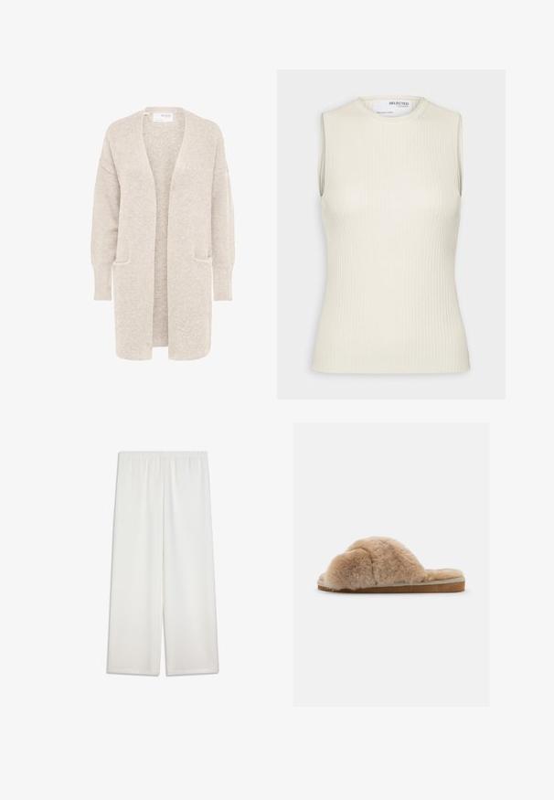 Long gilet beige ouvert sur l'avant, manches longues et deux poches avant, en maille douce texturée.; Selected Knitted Sleeveless - Débardeur - birch; Pantalon blanc à jambes larges avec taille élastique. Tissu lisse et léger ; coupe longue et droite. Aucun motif ni accent visible.; Chausson en peluche beige avec une texture douce, à dos ouvert et doublure intérieure. Semelle plate avec une base marron clair et des coutures beiges.