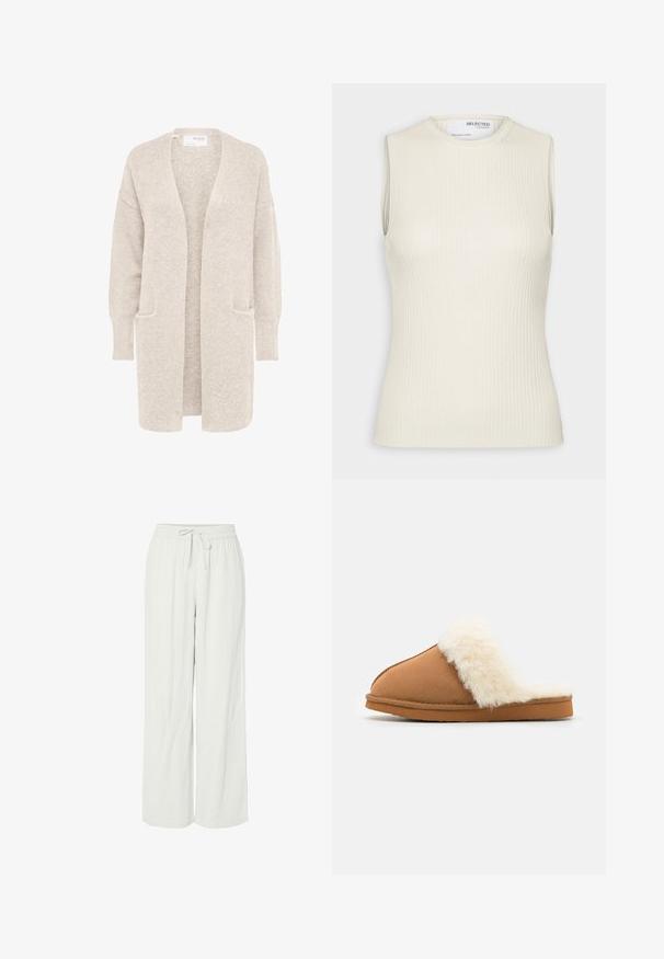 Lang beige åben cardigan med lange ærmer og to forlommer, blødt tekstureret strikstof.; Selected Knitted Sleeveless - Top - birch; Vide bukser i lysegrå, lavet af blødt, struktureret stof. Har en elastisk talje med snøre for justerbar pasform.; Brune ruskindslippers med en hvid faux fur manchet, lukket tå-design, flad sål og synlige syninger langs kanterne.