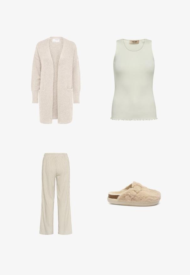 Lang beige åben cardigan med lange ærmer og to forlommer, blødt tekstureret strikstof.; Ribbet hvid tanktop med rund halsudskæring og bølget kant. Fremstillet af blødt, strækbart stof uden pynt eller mønstre.; Lys beige stribede bukser med løs pasform, der har en elastisk talje og lodrette linjer, som skaber et tekstureret udseende.; Beige fuzzy sutsko med en blød tekstur, der har en let cremegul sål og en subtil brun kant langs kanten.
