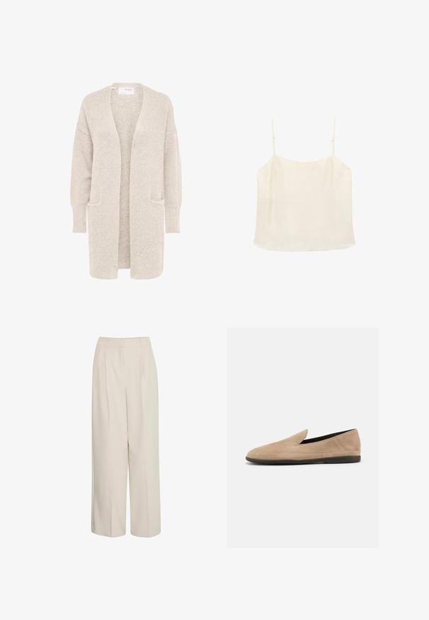 Lang beige åben cardigan med lange ærmer og to forlommer, blødt tekstureret strikstof.; Flødefarvet ærmeløs camisole-top med tynde justerbare stropper og en lige halsudskæring på hvid baggrund.; Højtaljede cremede bukser med brede ben og pressefolder, lavet af glat stof, med et rent design og skræddersyet pasform.; Beige ruskind slip-on loafer med sort sål, lav hæl og rund tå, vist fra siden på hvid baggrund.