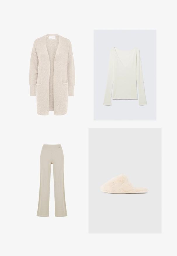 Long gilet beige ouvert sur l'avant, manches longues et deux poches avant, en maille douce texturée.; Haut blanc à manches longues ajustées avec un profond décolleté en V et des manches légèrement évasées, présenté sur un fond gris clair uni.; Pantalons larges beige avec une texture en ribbed lisse, taille élastique et sans ornements visibles, offrant une silhouette décontractée.; Pantoufle floue de couleur crème avec une texture douce, design à bout ouvert et subtils accents brodés sur le dessus.