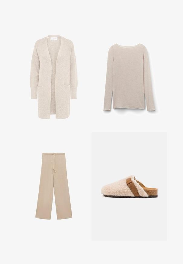 Langer beiger Cardigan mit offenem Vorderteil, langen Ärmeln und zwei Fronttaschen, weicher strukturierter Strickstoff.; Helles rosa Langarm-T-Shirt mit einem lässigen Rundhalsausschnitt, aus weichem Stoff mit einer dezenten melierten Textur.; Beige weit geschnittene Hose aus weichem Stoff, mit einem Kordelzugbund und glatter Textur, ohne Muster oder zusätzliche Hardware.; Beige Schaffell-Mokassins mit einem braunen Wildlederriemen, Korkfußbett und strukturiertem Gummiaußensohle, entworfen für Komfort und legere Trageweise.