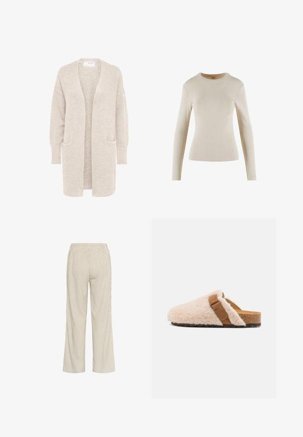 Cardigan largo beige con abertura frontal, mangas largas y dos bolsillos delanteros, tejido de punto suave y texturizado.; Top de manga larga ribeteado en color beige con un cuello redondo; presenta un diseño ajustado y un pequeño logotipo en el puño.; Pantalones a rayas de color beige claro con un corte holgado, que cuentan con una cintura elástica y líneas verticales que crean una apariencia texturizada.; Zuecos de piel de oveja en color beige con una tira de ante marrón, plantilla de corcho y suela exterior de goma texturizada, diseñados para comodidad y uso casual.