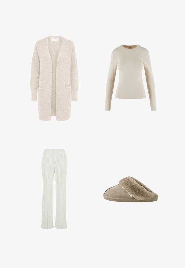 Lang beige åben cardigan med lange ærmer og to forlommer, blødt tekstureret strikstof.; Beige langærmet ribbet top med rund halsudskæring; har en tætsiddende design og et lille logo-accent på manchetten.; Cremefarvede ribstrikkede bukser med flared design. Har en bred elastisk talje og lodrette striber for ekstra tekstur.; Beige slip-on tøfler med blød, plyssede pelsforing omkring åbningen og en ydersål med ruskindslignende overflade.