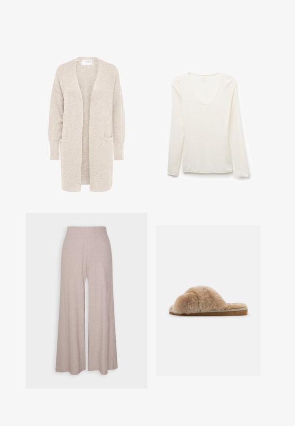 Lang beige åben cardigan med lange ærmer og to forlommer, blødt tekstureret strikstof.; Hvid V-hals skjorte med lange ærmer, slim fit, lagt fladt på en hvid baggrund.; Lys grå bredbenede bukser lavet af blødt ribbet stof, med høj talje og fuldlængde ben med subtil tekstur.; Fuzzy beige hjemmesko med blød tekstur, åben bag og indvendig foring. Flad sål med en lysebrun bund og beige syning.