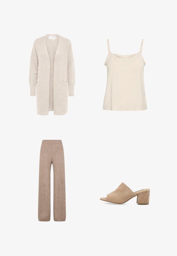 Long gilet beige ouvert sur l'avant, manches longues et deux poches avant, en maille douce texturée.; Camisole beige clair en tissu doux, avec de fines bretelles réglables et un décolleté en V, offrant une coupe légèrement décontractée.; Pantalons larges en tricot de couleur marron clair avec une taille et des poignets côtelés, présentant un tissu doux et texturé. Pas de poches visibles.; Mules en daim beige à bout ouvert avec un talon bloc, présentant une texture lisse et un design ample sur le dessus. Pas de matériel visible ni de motifs.