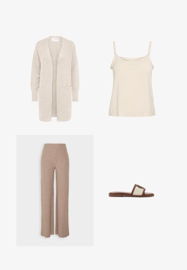 Cardigan largo beige con abertura frontal, mangas largas y dos bolsillos delanteros, tejido de punto suave y texturizado.; Camiseta sin mangas de color beige claro, hecha de una tela suave, con finas correas ajustables y un escote en V con un corte ligeramente relajado.; Pantalones de pierna ancha de canalé en color beige con una cinturilla alta y textura suave, que presentan un corte holgado y sin cierres visibles.; Sandalia deslizante de cuero marrón con una parte superior de tejido beige, suela plana y punta redondeada. El diseño incluye un acento con el logo en la correa.