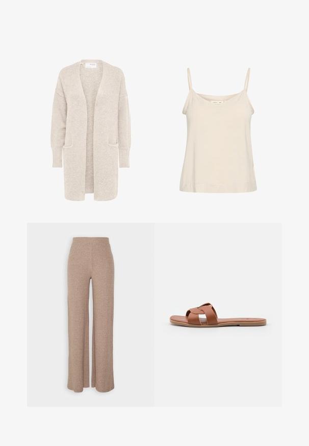 Lang beige åben cardigan med lange ærmer og to forlommer, blødt tekstureret strikstof.; Lys beige cami lavet af blødt stof, med tynde justerbare stropper og en V-udskæring med en let afslappet pasform.; Beige ribbede vide bukser med høj talje og blød tekstur, der har en løs pasform og ingen synlige lukninger.; Brune flade slide-sandaler lavet af glat læder med et krydset remdesign, der har en flad sål og en minimalistisk stil.