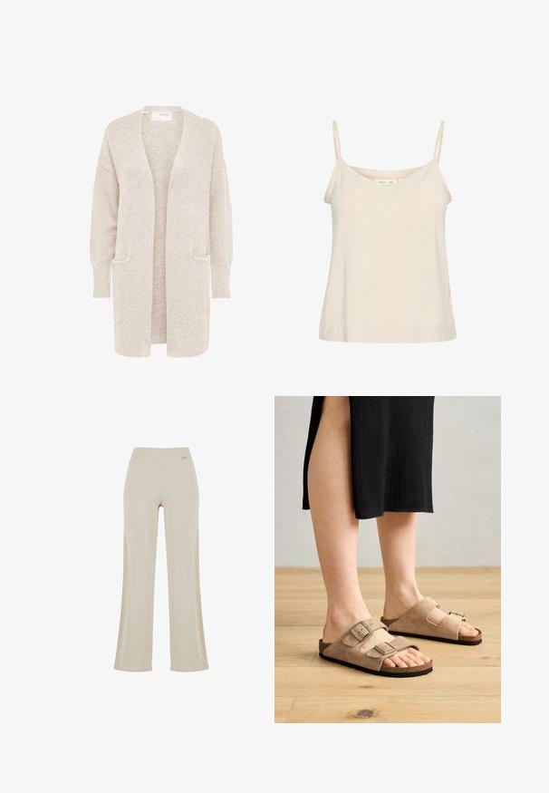 Long gilet beige ouvert sur l'avant, manches longues et deux poches avant, en maille douce texturée.; Camisole beige clair en tissu doux, avec de fines bretelles réglables et un décolleté en V, offrant une coupe légèrement décontractée.; Pantalons larges beige avec une texture en ribbed lisse, taille élastique et sans ornements visibles, offrant une silhouette décontractée.; Sandales en daim beige avec deux brides réglables, semelle en liège et semelles en caoutchouc, mises en valeur sur des pieds avec un fond en bois.