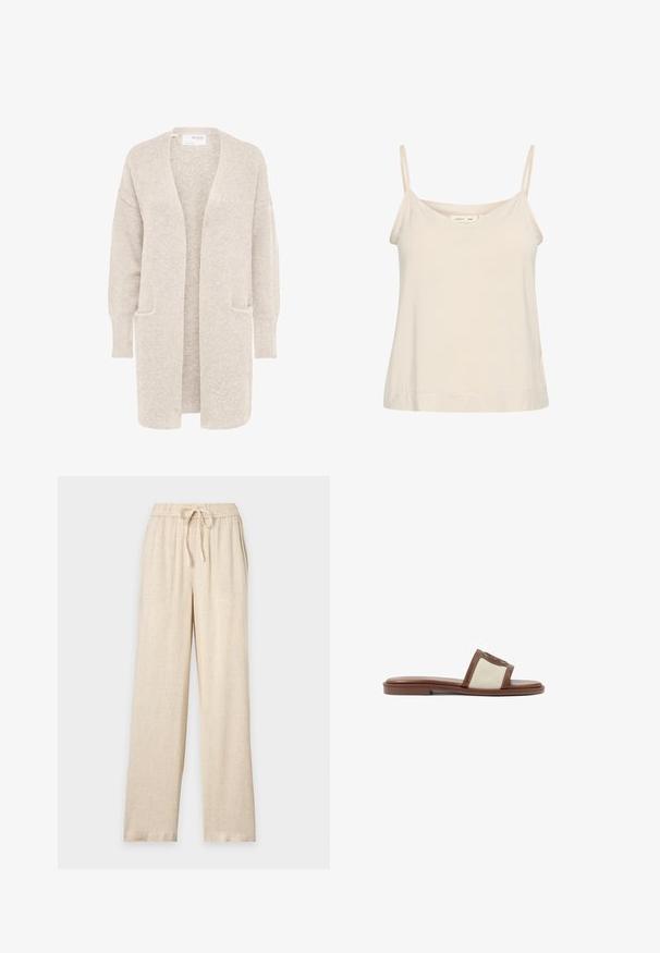 Lang beige åben cardigan med lange ærmer og to forlommer, blødt tekstureret strikstof.; Lys beige cami lavet af blødt stof, med tynde justerbare stropper og en V-udskæring med en let afslappet pasform.; Beige bukser med vide ben, elastisk talje og bindebånd, lavet af et let tekstureret stof.; Brune læderslidesandal med en beige vævet overdel, flad sål og rund tå. Designet inkluderer en logoakcent på remmen.