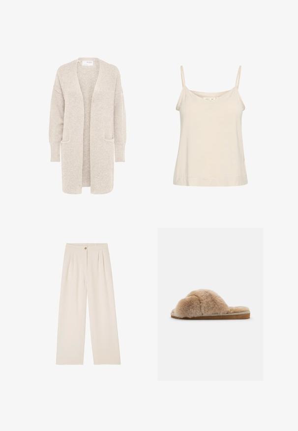 Long gilet beige ouvert sur l'avant, manches longues et deux poches avant, en maille douce texturée.; Camisole beige clair en tissu doux, avec de fines bretelles réglables et un décolleté en V, offrant une coupe légèrement décontractée.; Pantalons beige à jambes larges avec une texture douce, présentant une fermeture à bouton à l'avant, des plis à la taille et une ceinture arrière élastiquée.; Chausson en peluche beige avec une texture douce, à dos ouvert et doublure intérieure. Semelle plate avec une base marron clair et des coutures beiges.