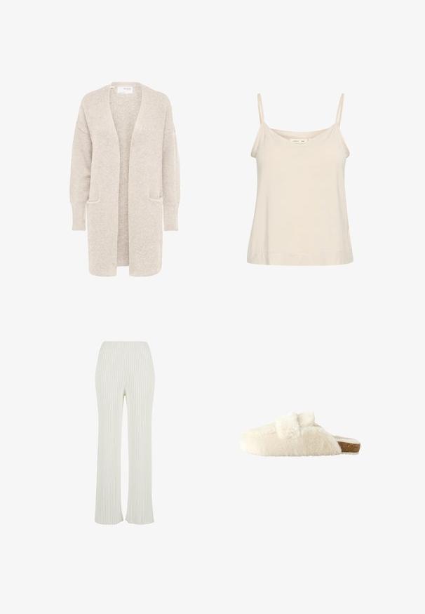 Pitkä beige avonainen neuletakki, jossa pitkät hihat ja kaksi etutaskua, pehmeä teksturoidusta neuloksesta.; Camisole vaalea beige, joka on valmistettu pehmeästä kankaasta ja jossa on ohuet säädettävät olkaimet sekä V-muotoinen kaula-aukko, hieman rento istuvuus.; Kerman rusketu knit-housut, joissa on levenevä muotoilu. Varustettu leveällä elastisella vyötärönauhalla ja pystysuorilla raidoilla lisäämään tekstuuria.; Kermaisen värinen pörröinen liukumaan tarkoitettu tohveli, jossa korkkipohja ja pehmeä rusetti päällä, kuvattu sivuprofiilista valkoisella taustalla.