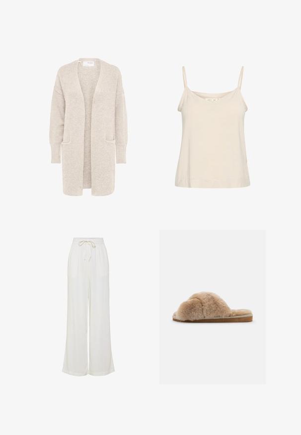 Long gilet beige ouvert sur l'avant, manches longues et deux poches avant, en maille douce texturée.; Camisole beige clair en tissu doux, avec de fines bretelles réglables et un décolleté en V, offrant une coupe légèrement décontractée.; Pantalons larges blancs en tissu léger, dotés d'une taille élastique avec un cordon de serrage et de deux poches latérales.; Chausson en peluche beige avec une texture douce, à dos ouvert et doublure intérieure. Semelle plate avec une base marron clair et des coutures beiges.