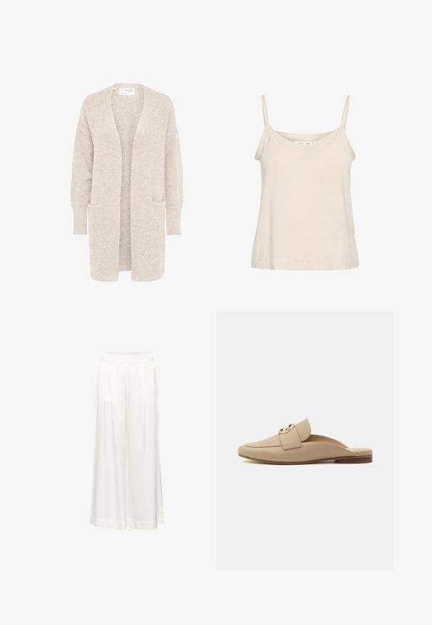 Long gilet beige ouvert sur l'avant, manches longues et deux poches avant, en maille douce texturée.; Camisole beige clair en tissu doux, avec de fines bretelles réglables et un décolleté en V, offrant une coupe légèrement décontractée.; Un pantalon blanc à jambes larges avec des plis, fabriqué dans un tissu léger. Il présente une taille plate et des ourlets retournés. Texture lisse, sans motifs.; Mocassin plat beige à enfiler avec bout arrondi, finition texturée, large bride et détail de boucle circulaire dorée sur fond blanc.