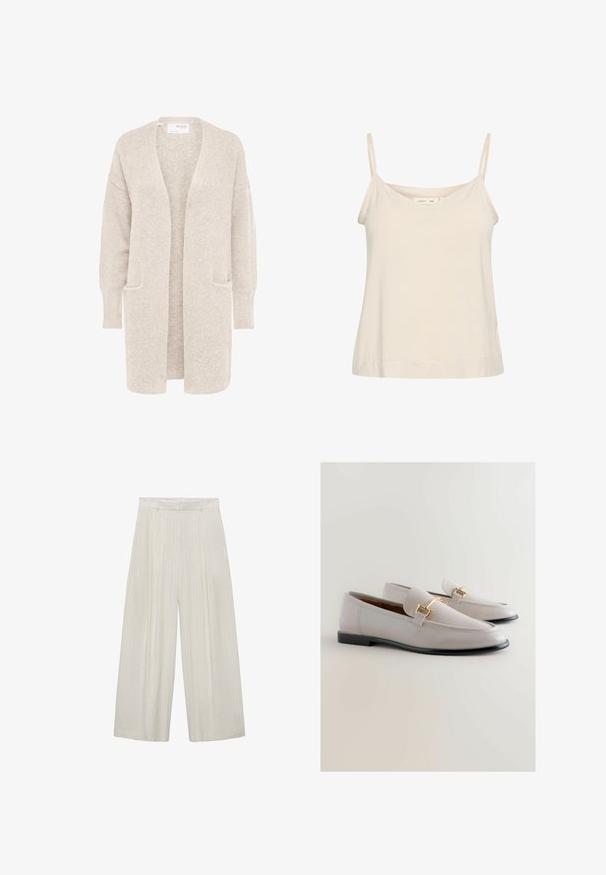 Cardigan largo beige con abertura frontal, mangas largas y dos bolsillos delanteros, tejido de punto suave y texturizado.; Camiseta sin mangas de color beige claro, hecha de una tela suave, con finas correas ajustables y un escote en V con un corte ligeramente relajado.; Pantalones de pierna ancha en beige claro con rayas verticales blancas. Con cintura alta, frente plisado y textura suave.; Mocasines de cuero gris claro con punta afilada, que cuentan con un detalle metálico dorado y un bajo tacón negro. Textura suave, diseño minimalista.