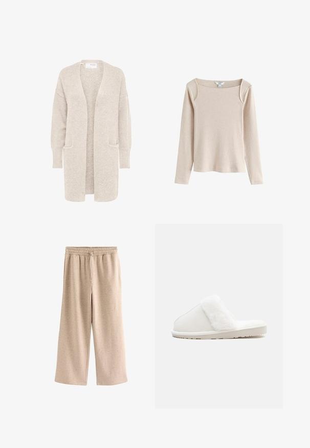 Langer beiger Cardigan mit offenem Vorderteil, langen Ärmeln und zwei Fronttaschen, weicher strukturierter Strickstoff.; Beiges langärmeliges, geripptes Strickoberteil mit quadratischem Ausschnitt und leichtem Schulterdetail, auf weißem Hintergrund dargestellt.; Beige Hose mit weitem Bein, elastischem Bund und Kordelzug, aus einem weichen, gesprenkelten Stoff.; Weißer Hausschuh mit einem weichen Kunstfellband, Filzoberteil, gepolsterter Sohle und einer strukturierten Gummisohle für rutschfesten Halt. Einfaches, rundes Design.