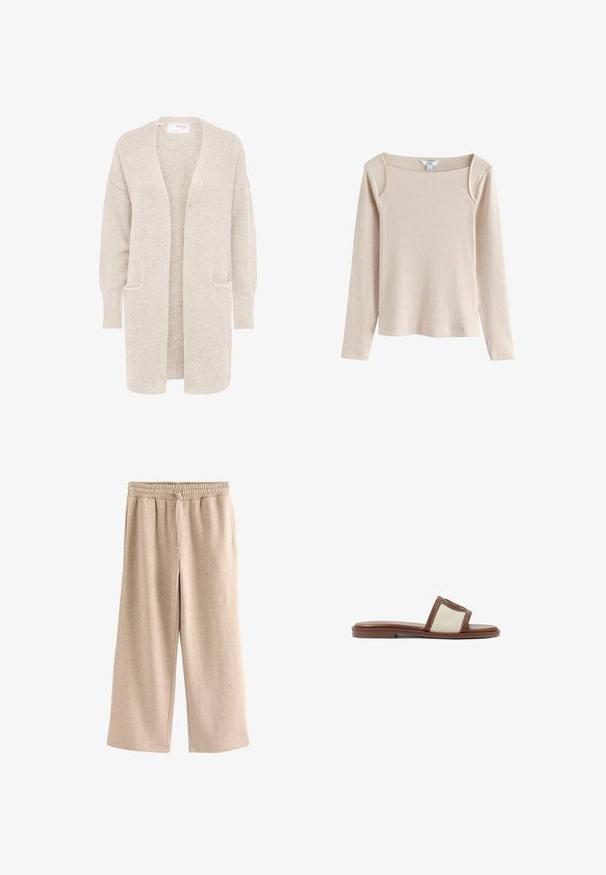 Lang beige åben cardigan med lange ærmer og to forlommer, blødt tekstureret strikstof.; Beige langærmet ribstrikket top med firkantet udskæring og let skulderdetalje, vist på hvid baggrund.; Beige bukser med vide ben, elastisk talje og snørre, lavet af et blødt, plettet stof.; Brune læderslidesandal med en beige vævet overdel, flad sål og rund tå. Designet inkluderer en logoakcent på remmen.