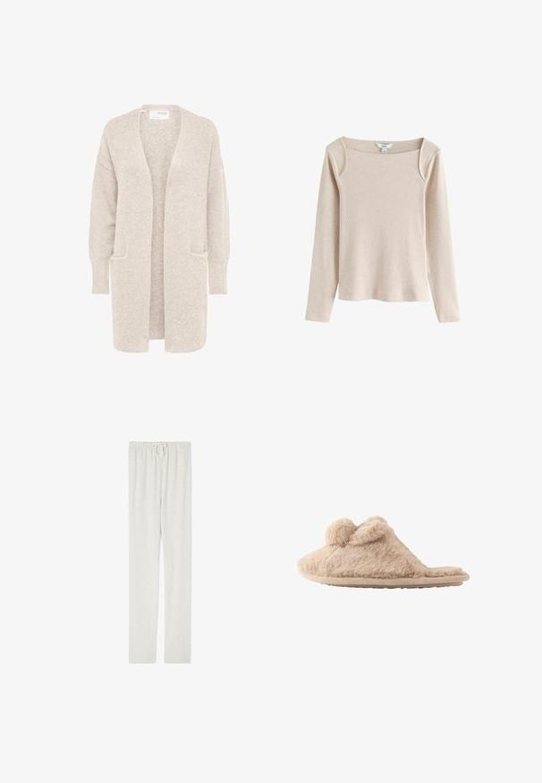 Langer beiger Cardigan mit offenem Vorderteil, langen Ärmeln und zwei Fronttaschen, weicher strukturierter Strickstoff.; Beiges langärmeliges, geripptes Strickoberteil mit quadratischem Ausschnitt und leichtem Schulterdetail, auf weißem Hintergrund dargestellt.; American Vintage JOGGING - Jogginghose - gris chine; Beige flauschiger Hausschuh zum Hineinschlüpfen mit zwei Pompons oben und einer flachen Sohle, für den Innenbereich konzipiert.