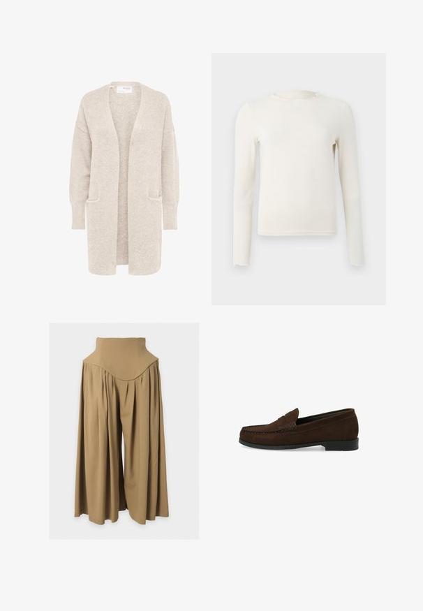 Lange beige open cardigan met lange mouwen en twee voorzakken, zachte gestructureerde gebreide stof.; Langsleeve, crème-kleurige getailleerde top met een gerimpelde ronde hals en zoom, weergegeven op een effen lichtgrijze achtergrond.; Hoge taille, wijdvallende broek in beige met plooien en een aansluitende tailleband, weergegeven op een vlakke, lichtgrijze achtergrond.; Bruine suède instapschoenen met een gestikt moccasin-neus, platte zwarte rubberen zool en een decoratieve bovenband en detail.