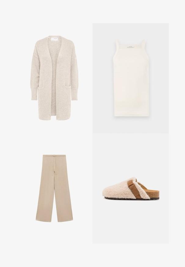 Lange beige open cardigan met lange mouwen en twee voorzakken, zachte gestructureerde gebreide stof.; Crème geribbelde tanktop met dunne bandjes, aansluitend ontwerp en rechte zoom. Label leest "IVY OAK." Het materiaal lijkt zacht en rekbaar te zijn.; Beige wijde broek gemaakt van zachte stof, met een verstelbare tailleband en een gladde textuur, zonder patronen of extra hardware.; Beige schapenvacht instapsloffen met een bruine suede band, kurken voetbed en een geprofileerde rubberen loopzool, ontworpen voor comfort en casual gebruik.