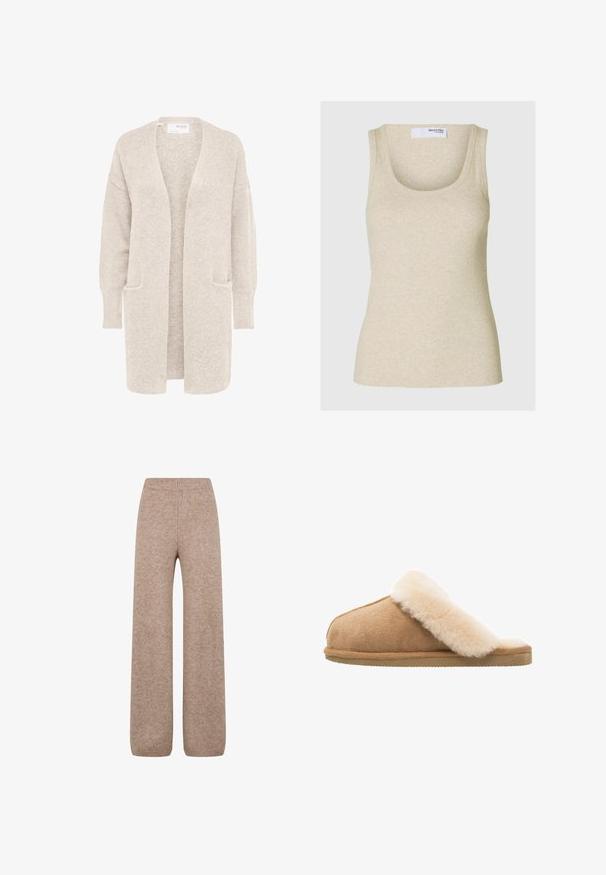 Long gilet beige ouvert sur l'avant, manches longues et deux poches avant, en maille douce texturée.; Débardeur beige à côtes avec un décolleté arrondi et des bretelles larges. Fabriqué en tissu doux, il présente une silhouette ajustée.; Pantalons larges en tricot de couleur marron clair avec une taille et des poignets côtelés, présentant un tissu doux et texturé. Pas de poches visibles.; Chausson en suède beige à enfiler avec une doublure en laine de mouton crème douce et moelleuse. Doté d'une semelle en caoutchouc texturé et plate pour une meilleure adhérence.