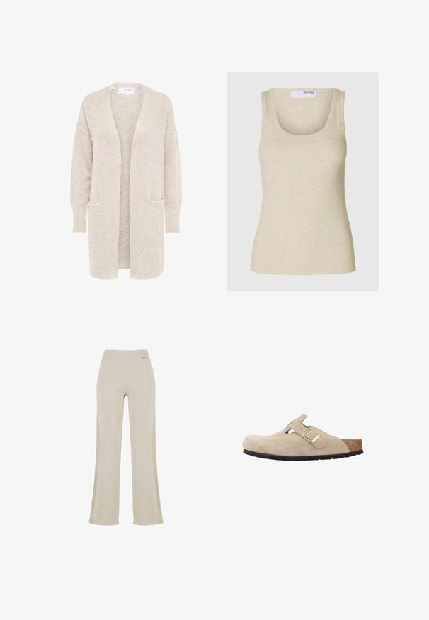 Long gilet beige ouvert sur l'avant, manches longues et deux poches avant, en maille douce texturée.; Débardeur beige à côtes avec un décolleté arrondi et des bretelles larges. Fabriqué en tissu doux, il présente une silhouette ajustée.; Pantalons larges beige avec une texture en ribbed lisse, taille élastique et sans ornements visibles, offrant une silhouette décontractée.; Sabots en suède beige à enfiler, avec un bout arrondi, une sangle réglable, une semelle en liège et une semelle extérieure en caoutchouc noir pour une bonne adhérence.