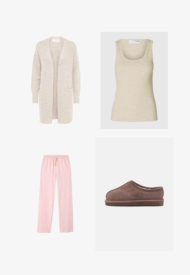 Pitkä beige avonainen neuletakki, jossa pitkät hihat ja kaksi etutaskua, pehmeä teksturoidusta neuloksesta.; Beige ribbad toppi, jossa on pyöreä kaula-aukko ja leveät olkaimet. Valmistettu pehmeästä kankaasta, jossa on kapea siluetti.; Vaaleanpunaiset, puuvillaiset olohousut, joissa on rento fit, joustava vyötärö ja nauhakuormitus. Sujuva pinta, kokopitkä malli.; Bianco Backless Loafer BIASNOW - Matalakantaiset pistokkaat - taupe