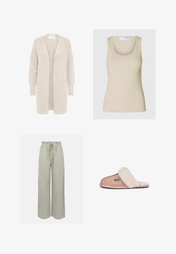 Long gilet beige ouvert sur l'avant, manches longues et deux poches avant, en maille douce texturée.; Débardeur beige à côtes avec un décolleté arrondi et des bretelles larges. Fabriqué en tissu doux, il présente une silhouette ajustée.; Pantalon ample gris clair en tissu doux. Dispose d'une taille élastique avec cordon de serrage et d'une texture lisse. Aucun motif visible.; Chausson en daim beige avec une douce doublure en fourrure blanche, design à bout ouvert, semelle plate et une petite étiquette de marque sur le côté.