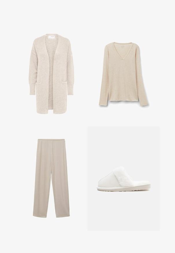 Long gilet beige ouvert sur l'avant, manches longues et deux poches avant, en maille douce texturée.; Haut à manches longues en tissu beige clair avec une texture douce. Coupe décontractée avec un ourlet droit et un design minimaliste.; Pantalons en coton beige légers, avec une coupe droite, une taille élastique et une texture douce. Pas de motifs ni de matériel visible.; Chausson blanc avec une bande en fausse fourrure douce, tige en feutre, semelle matelassée et fond en caoutchouc texturé pour l'adhérence. Design simple et arrondi.
