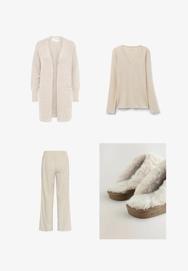 Lang beige åben cardigan med lange ærmer og to forlommer, blødt tekstureret strikstof.; Langærmet V-hals top i lys beige stof med en blød tekstur. Afslappet pasform med lige kant og minimalistisk design.; Lys beige stribede bukser med løs pasform, der har en elastisk talje og lodrette linjer, som skaber et tekstureret udseende.; Brune platform tøfler med bløde, fluffy cremefarvede kunstpels-overdele, der viser mærkenavnet "NEXT" præget på sålen.