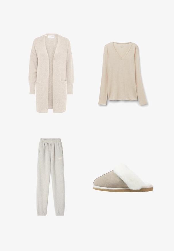 Lang beige åben cardigan med lange ærmer og to forlommer, blødt tekstureret strikstof.; Langærmet V-hals top i lys beige stof med en blød tekstur. Afslappet pasform med lige kant og minimalistisk design.; Grå sweatpants lavet af blød bomuldsblanding, med elastisk talje, sidelommer og et lille logo på venstre lår.; Suedelæders slipsko i lys beige med en hvid, fluffy pelskant over det øverste, med en struktureret ydersål for greb og komfort.