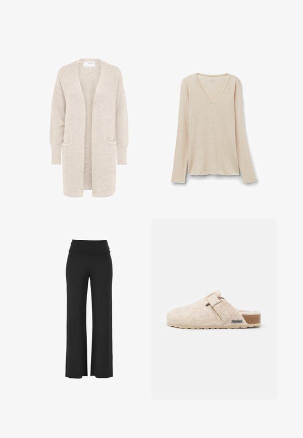 Lang beige åben cardigan med lange ærmer og to forlommer, blødt tekstureret strikstof.; Langærmet V-hals top i lys beige stof med en blød tekstur. Afslappet pasform med lige kant og minimalistisk design.; Sorte, brede bukser med et højt, draperet talje bånd lavet af et blødt, strækbart materiale, der har glatte, jævne syninger og ingen synlige mønstre.; Shepherd HILMA - Hjemmesko - creme
