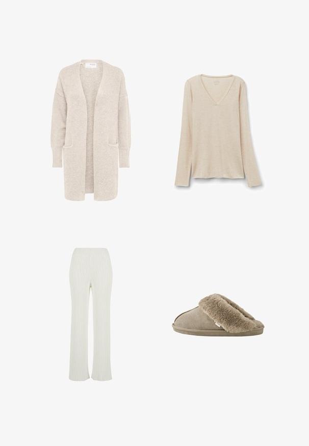 Cardigan largo beige con abertura frontal, mangas largas y dos bolsillos delanteros, tejido de punto suave y texturizado.; Camiseta de manga larga con escote en V en tejido beige claro con una textura suave. Corte relajado con dobladillo recto y diseño minimalista.; Pantalones de punto acanalado de color crema con un diseño acampanado. Cuenta con una amplia cinturilla elástica y rayas verticales para mayor textura.; Zapatilla beige sin talón con forro interior de suave piel sintética alrededor de la abertura y suela exterior con apariencia de ante.