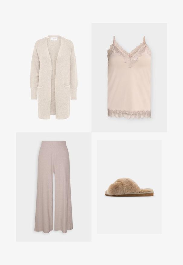 Lang beige åben cardigan med lange ærmer og to forlommer, blødt tekstureret strikstof.; Beige silke camisole med blonder langs V-halsudskæring, stropper og kant på en ensartet lysegrå baggrund.; Lys grå bredbenede bukser lavet af blødt ribbet stof, med høj talje og fuldlængde ben med subtil tekstur.; Fuzzy beige hjemmesko med blød tekstur, åben bag og indvendig foring. Flad sål med en lysebrun bund og beige syning.
