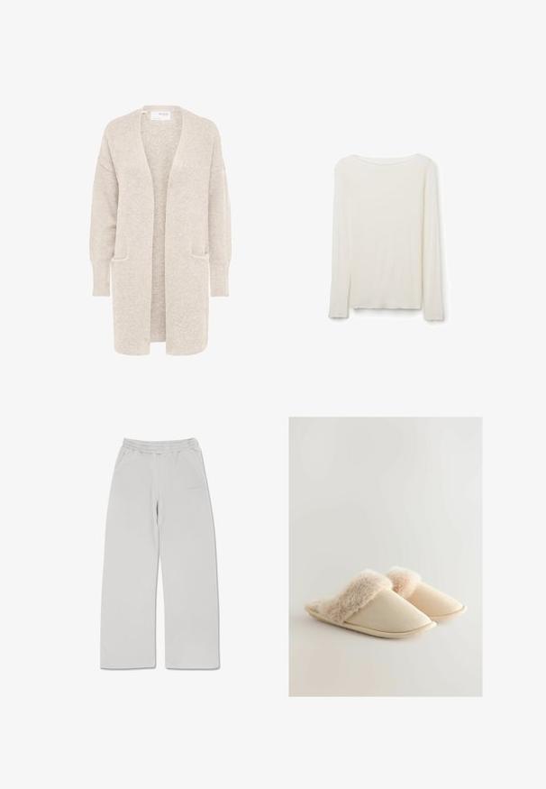 Lange beige open cardigan met lange mouwen en twee voorzakken, zachte gestructureerde gebreide stof.; Lange mouw, lichtbeige, geribbelde gebreide shirt met een ronde halslijn en subtiele gezaagde randen aan de mouwen en zoom.; Lichtgrijze joggingsbroek van zacht materiaal, met een elastische tailleband, twee zijzakken en een recht gesneden ontwerp.; Beige slippers met een zachte bontachtige bovenrand, een afgeronde teenvorm en een gestructureerde stof. De zool is plat en flexibel.