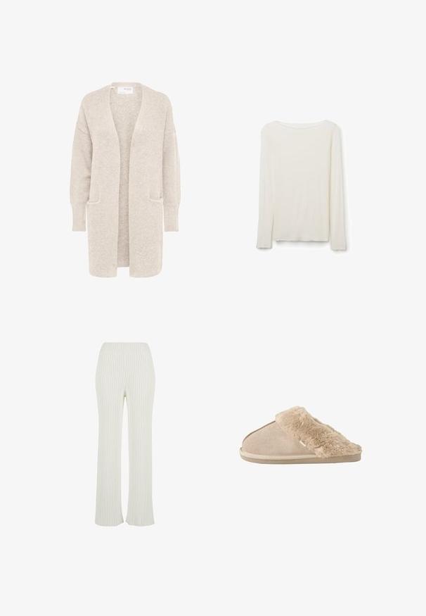 Lang beige åben cardigan med lange ærmer og to forlommer, blødt tekstureret strikstof.; Langærmet, lysebeige, ribstrikket skjorte med rund halsudskæring og diskrete bølgede kanter på ærmer og kant.; Cremefarvede ribstrikkede bukser med flared design. Har en bred elastisk talje og lodrette striber for ekstra tekstur.; Beige slip-on tøfler med blødt ruskind yderside og blødt, fluffy inderfor og manchet, designet til komfort indendørs.