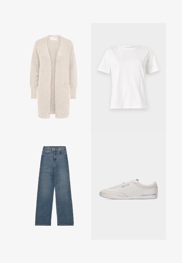 Lange beige open cardigan met lange mouwen en twee voorzakken, zachte gestructureerde gebreide stof.; Witte katoenen t-shirt met korte mouwen, ronde halslijn en een ontspannen pasvorm. Gladde textuur, geen patronen of accenten, minimalistisch ontwerp.; Hoge taille, wijde spijkerbroeken in mediumblauwe denim. Voorzien van vijf zakken, een voorknopsluiting en contrasterende stiksels.; Lage wit-beige sneaker met veters, gemaakt van glad leer en suède accenten, met een klein Michael Kors-logo aan de zijkant.