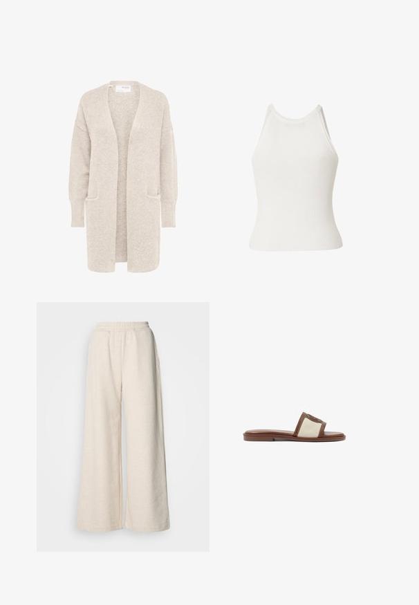 Lang beige åben cardigan med lange ærmer og to forlommer, blødt tekstureret strikstof.; Hvid ribstrikket ærmeløs top med høj hals, tætsiddende silhuet og let udvidelse ved kanten.; Højtsiddende, vide bukser i lysebeige stof. Har en elastisk talje og sidelommer. Blød tekstur med et afslappet design.; Brune læderslidesandal med en beige vævet overdel, flad sål og rund tå. Designet inkluderer en logoakcent på remmen.