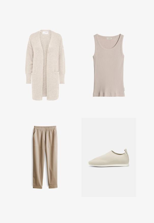 Lange beige open cardigan met lange mouwen en twee voorzakken, zachte gestructureerde gebreide stof.; Beige geribd mouwloos tanktopje met ronde hals, zichtbaar merklabel binnenin de kraag en een klein zijlabel op een effen witte achtergrond.; Beige elastische broeken met een tailleband, twee voorzakken, taps toelopende pijpen en een gladde textuur, geschikt voor casual kleding.; Beige gebreide instap schoen met een lage profiel, textuur bovenkant en een flexibele zool. Kenmerkt zich door een geweven ontwerp rond de enkel voor comfort.