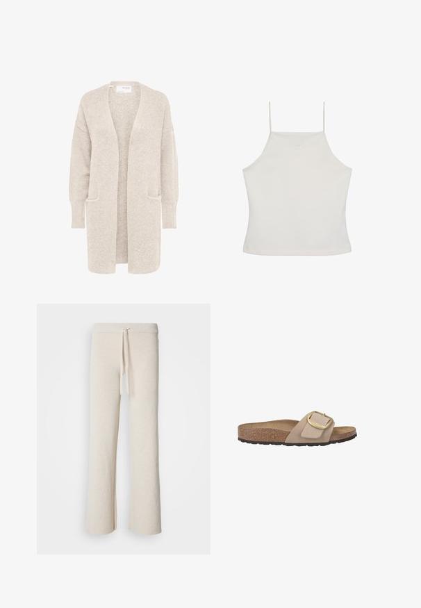 Lang beige åben cardigan med lange ærmer og to forlommer, blødt tekstureret strikstof.; Hvid ærmeløs crop top med tynde stropper og diskret "cK"-logo broderet på brystet, ensfarvet baggrund.; Beige brede bukser lavet af blødt stof, med en elastisk talje og snøre samt sideslidser i kanten.; Beige slidesandal med en korkfodersål, tekstureret gummisål og en stor guldtonet spændeaccent på en glat rem.