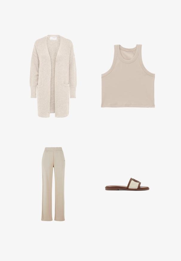 Long gilet beige ouvert sur l'avant, manches longues et deux poches avant, en maille douce texturée.; Crop top sans manches côtelé beige avec larges emmanchures et encolure ronde.; Pantalons de survêtement beige à jambes larges avec une taille élastique et des coutures latérales discrètes. Fabriqués à partir d'un matériau doux et texturé. Aucuns logos visibles.; Sandale à glisser en cuir marron avec une tige tissée beige, semelle plate et bout arrondi. Le design inclut un accent logo sur la sangle.