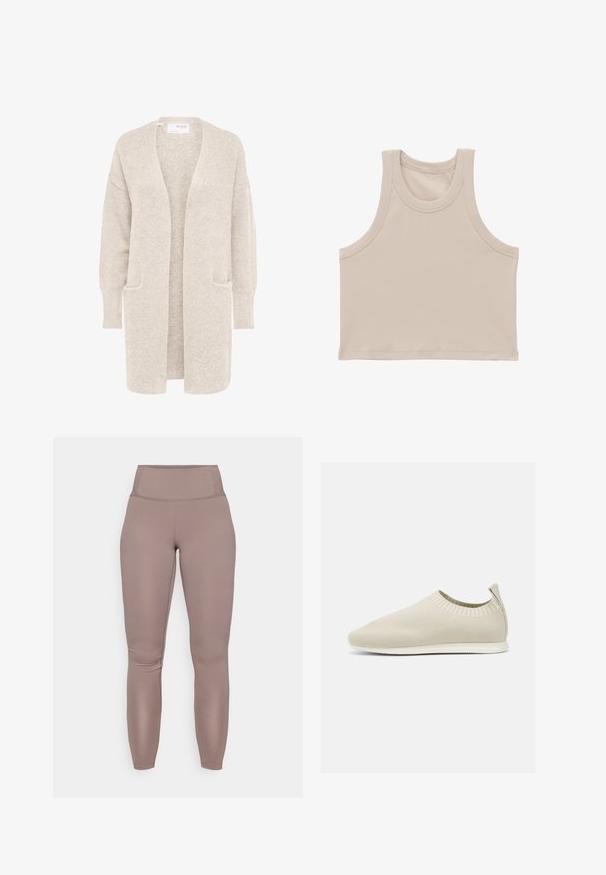 Long gilet beige ouvert sur l'avant, manches longues et deux poches avant, en maille douce texturée.; Crop top sans manches côtelé beige avec larges emmanchures et encolure ronde.; Leggings taille haute, ajustés au corps, de couleur taupe unie, avec un tissu lisse et extensible et un design propre et sans couture.; Chaussure slip-on en tricot beige avec profil bas, tige texturée et semelle flexible. Présente un design tissé autour de la cheville pour plus de confort.