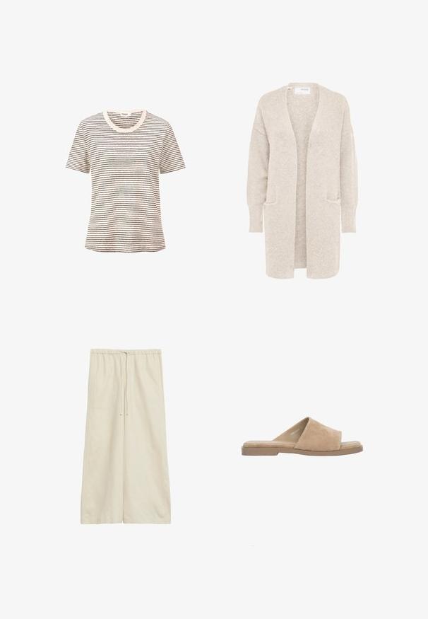 Lange beige open cardigan met lange mouwen en twee voorzakken, zachte gestructureerde gebreide stof.; Gestreept T-shirt in crème met dunne zwarte horizontale lijnen. Korte mouwen, ronde halslijn, zachte textuur, relaxte pasvorm.; Beige broek met wijde pijpen, elastische tailleband en koordje, met opgestikte voorzakken.; Beige suède open-toe platte slipper met brede band en gevoerde binnenzool, afgebeeld op een witte achtergrond.