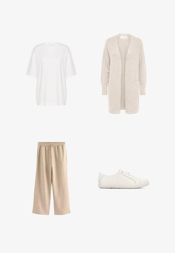 Cardigan largo beige con abertura frontal, mangas largas y dos bolsillos delanteros, tejido de punto suave y texturizado.; Camiseta de manga corta blanca, confeccionada en algodón suave. Presenta un escote redondo y un discreto detalle de logo en el lado izquierdo del pecho. Diseño de corte recto.; Pantalones de pierna ancha beige fabricados con una tela suave, con una cinturilla elástica y cordones, y una sutil textura moteada en toda su superficie.; Zapatillas blancas con acabado texturizado, diseño con cordones, punta redondeada y marca en el lateral. Presentan costuras sutiles y suela de goma.