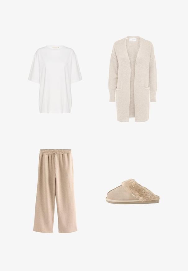 Lange beige open cardigan met lange mouwen en twee voorzakken, zachte gestructureerde gebreide stof.; Witte korte mouwen t-shirt van zachte katoen. Heeft een ronde halslijn en een subtiele logo detail op de linkerborst. Rechte pasvorm.; Beige broek met wijde pijpen, een elastische tailleband en een koordje, gemaakt van een zachte, gevlekte stof.; Beige instappantoffel met zachte suède buitenkant en een zachte, pluizige voering en boord, ontworpen voor binnencomfort.