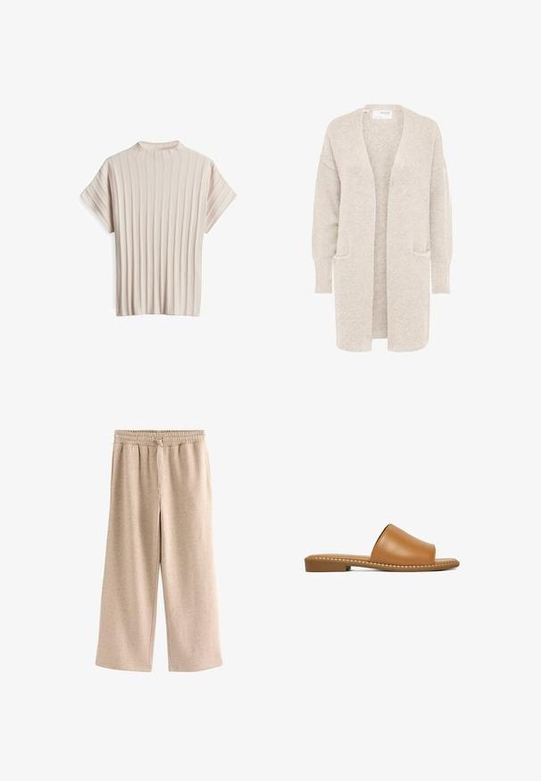 Langer beiger Cardigan mit offenem Vorderteil, langen Ärmeln und zwei Fronttaschen, weicher strukturierter Strickstoff.; Beige Kurzarmoberteil aus Rippstoff mit hohem Ausschnitt und vertikalen Linien für Struktur und Designdetails.; Beige Hose mit weitem Bein, elastischem Bund und Kordelzug, aus einem weichen, gesprenkelten Stoff.; Brauner Leder-Slipper mit niedrigem Absatz und genähter Sohle, von der Seite auf weißem Hintergrund gezeigt.